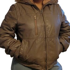 vintage hill & archer leather bomber heavy winter jacket with fox tail hood M